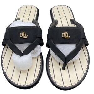 Lauren Ralph Lauren Sandals Women Black Excellence Gold Logo Thong Flip Flop